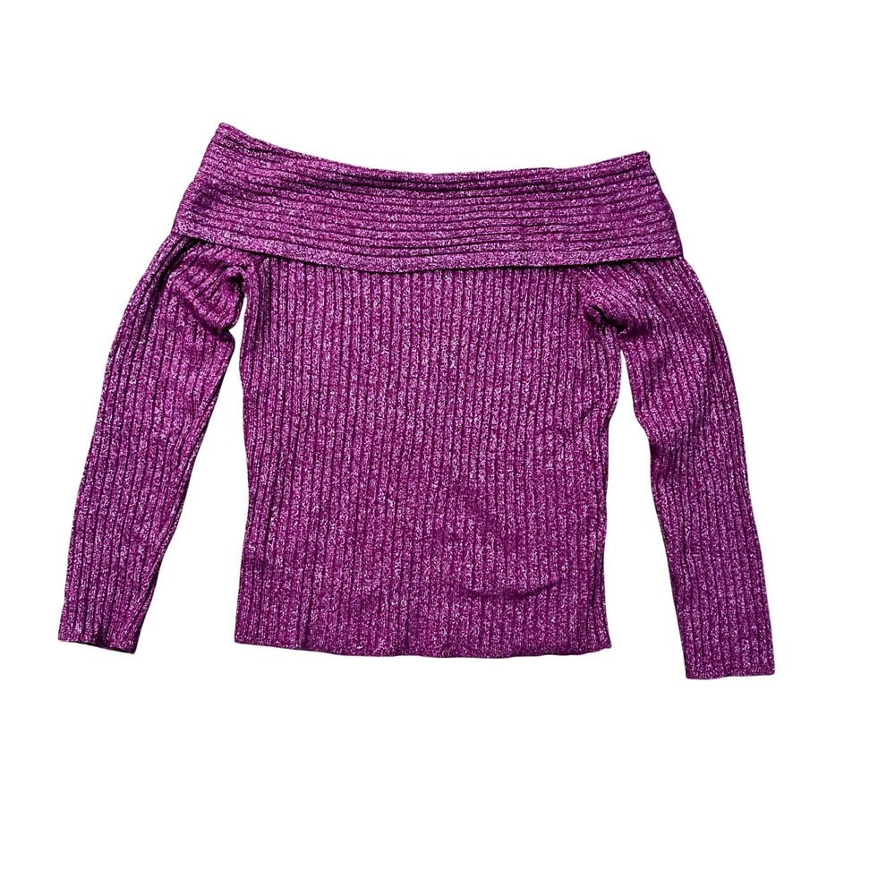 INC International Concepts Purple Metallic Knit‎ Off Shoulder Top M